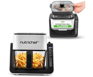 NutriChef Friteuse à Air avec Gril 1500W - Air Fryer à Bol en Verre Transparent 4L & Gril 1,2L, Double Niveau, 8 Programmes | Friteuse Sans Huile Frites, Ailes, Steaks
