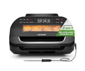 Nutrichef Gril Intérieur Sans Fumée - Friteuse à Air 6L avec Thermomètre Intelligent, 7 Fonctions de Cuisson, Contrôle Précis de la Température, Cuisson Saine et Polyvalente