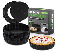 NutriChef Lot de 10 mini moules à tarte antiadhésifs avec revêtement anti-adhésif et base amovible - Comprend 200 feuilles de papier sulfurisé, acier au carbone, passe au four et au lave-vaisselle, 10