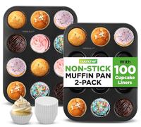 Nutrichef Lot de 2 moules à muffins antiadhésifs pour 12 muffins avec 100 moules à cupcakes en parchemin, acier au carbone, moules à muffins de qualité professionnelle pour la cuisson, durables et