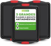NutriChef Lot de 3 Grandes Plaques à Cookies - Antiadhésives, Empilables, Anses Silicone, 230 °C, Distribution Thermique Uniforme, Noir