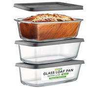 Nutrichef - Lot de 3 Moules à Cake/Moules à Pain en Verre avec Couvercles Hermétiques - 1,8 L par Moule - Récipients en Verre Sans BPA, Empilables, Compatibles Four et Congélateur