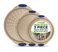 NutriChef Lot de 3 plaques à pizza dorées Ø 24 cm, 28 cm et 33 cm - Moules de cuisson perforés antiadhésifs en acier au carbone avec poignées en silicone, empilables et passent au lave-vaisselle, pour