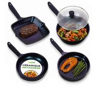 NutriChef Lot de 3 Poêles + 1 Wok Céramique Antiadhésif avec Couvercle en Verre - Batterie de Cuisine Résistante aux Taches, Sans PTFE/PFOA/PFOS - Diamant Bleu