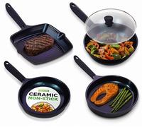 NutriChef Lot de 3 Poêles + 1 Wok Céramique Antiadhésif avec Couvercle en Verre - Batterie de Cuisine Résistante aux Taches, Sans PTFE/PFOA/PFOS - Diamant Bleu