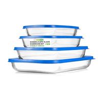 NutriChef Lot de 4 ustensiles de cuisson rectangulaires en verre borosilicate avec couvercles bleus sans BPA, passent au congélateur au four et au four