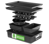 NutriChef Lot de 8 plaques de cuisson antiadhésives pour four, plateaux empilables avec biscuits, pain, pizza, muffins, gâteaux, moules ronds, carrés, ensemble de cuisine durable