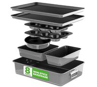 NutriChef Lot de 8 ustensiles de cuisson antiadhésifs empilables sans PFOA, PFOS PTFE, passe au four jusqu'à 232 °C, comprend des gâteaux ronds, des pains, des muffins, des carrés, des plateaux à