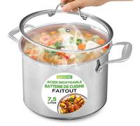 NutriChef Marmite en Acier Inoxydable de 7,5 Litres-Grande Marmite Résistante de Qualité Alimentaire 18/8 pour Bouillons,Soupes et Sauces, Avec Couvercle en Verre Transparent, Compatible avec Tous les