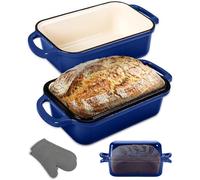 NutriChef Moule à pain en fonte émaillée de 22,9 x 12,7 cm avec couvercle, pour levain, passe au four, moule à pain anti-adhésif avec gants en silicone, passe au lave-vaisselle, bleu