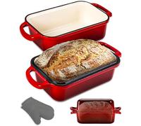 NutriChef Moule à pain en fonte émaillée de 22,9 x 12,7 cm avec couvercle, pour levain, passe au four, moule à pain anti-adhésif avec gants en silicone, passe au lave-vaisselle, rouge