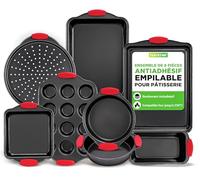 NutriChef Moules à Pâtisserie - Set de 8 Plateaux de Cuisson Antiadhésif en Acier au Carbone - Plateaux Empilables - Inclut Plaques à Biscuits, Moule à Cake, Pizza, Muffins et Gâteau - Noir