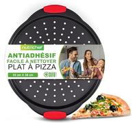 NutriChef Plaque à Pizza Antiadhésive - avec Poignée en Silicone, Pan Rond en Acier Non-adhésif avec Trous Perforés, Ustensiles de Cuisine de Qualité, Plaque à Pizza avec Poignée Silicone et Poignée