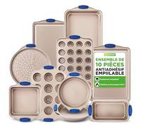 NutriChef Plaque Cuisson Bleu 10 Pcs - Moule Gâteau Acier Carbone PFOA Free | Moule à gâteau Bleu 10 pièces - moule à tarte acier carbone antiadhésif sans PFOA, résiste à 230°C, poignées silicone rouges