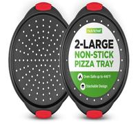 NutriChef Plaque Pizza, Moule à Pizza Antiadhésif, Plat Rond en Acier Perforé avec Bords en Silicone, Compatible Four, Passe au Lave-vaisselle, Noir