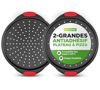 NutriChef Plaque Pizza,Moule à Pizza Antiadhésif, Plat Rond en Acier Perforé, Poignée en Silicone et Poignée Surdimensionnée,Plat pour Four, Passe au Lave-vaisselle, Noir