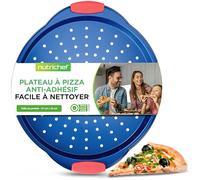 NutriChef Plaque Pizza - Moule à Pizza Antiadhésif - Plat Rond en Acier Perforé - Plaque de Cuisson premium avec Poignées en Silicone - Plat pour Four - Compatible Lave-Vaisselle - Bleu