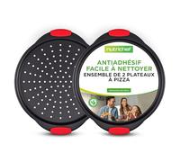 NutriChef Plaque Pizza,Moule à Pizza Antiadhésif, Plat Rond en Acier Perforé, Poignée en Silicone et Poignée Surdimensionnée,Plat pour Four, Passe au Lave-vaisselle, Noir