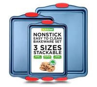 NutriChef Plaques de Cuisson Antiadhésives - Set de 3 Tailles Empilables - Moules de Cuisson en Acier au Carbone avec Revêtement Bleu et Poignées Silicone Rouge - Facile à Nettoyer