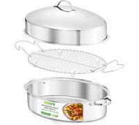 NutriChef Plat Four de Rôtissage Ovale51 cm avec Grille et Couvercle - Plat Inox en Acier Inoxydable de Haute Qualité avec Poignées Larges et Grille Amovible-Cocotte, Silver