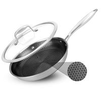 NutriChef Poêle à Frire Inox 25 cm - Revêtement Antiadhésif Renforcé - Surface Nid d’Abeille Antirayures - Ustensile 3 Couches Tous Feux Dont Induction