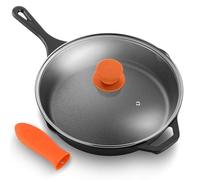 NutriChef Poêle en Fonte Pré-assaisonnée 10" - Poêle de Cuisine Antiadhésive, Adaptée au Four, Sans PFOA, Avec Couvercle en Verre, Bord Verseur, Poignée en Silicone - Adaptée aux Cuisinières à Gaz