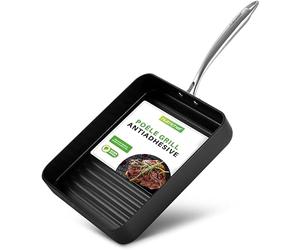 NutriChef Poêle Grill Carrée 28 cm Antiadhésive Surface Striée Haute, Aluminium Anodisé, Compatible Gaz, Céramique, Verre et Halogène, Noir