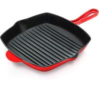 Nutrichef Poêle Grill- Poêle à Griller en Fonte Émaillée de 28 cm -Sauteuse Carrée avec Évacuation-Compatible Tous feux dont Induction Marques de Gril, Red