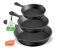 NutriChef Poêle en Fonte Pré-assaisonnée - Ensemble Ustensiles de Cuisine 3 Pièces avec Revêtement Antiadhésif et Bord Verseur - Inclut Grattoir - Adaptée aux Cuisinières Électriques