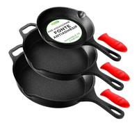 NutriChef – Ensemble de 3 poêles en fonte antiadhésives avec bec verseur et poignées silicone – Noir