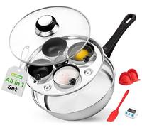NutriChef Poêlon à Oeufs Cocotte - Poêlon en Acier Inoxydable de 7,87" avec 4 Coupes Antiadhésives, Couvercle en Verre, Minuterie, Gant de Four et Spatule pour des Oeufs Cocotte Parfaits, Compatible