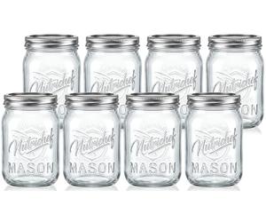 Nutrichef Pots Mason en Verre 470ml(16oz) avec Couvercles Hermétiques - Lot de Bocaux DIY Préparation de Repas et Conservation Alimentaire pour Avoine, Confiture et Miel