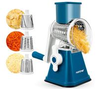Nutrichef Râpe à Fromage 3 en 1 avec Base à Succion Forte - Râpeuse Rotative Manuelle avec Verrou de Sécurité, Manivelle et 3 Lames Tambour pour Râpage Fin, Moyen et en Bandes