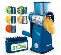 Nutrichef Râpe à Fromage 5 en 1 avec Base à Succion Forte - Râpeuse Rotative avec Verrou de Sécurité, Manivelle et 5 Lames Tambour pour Textures Fine, Moyenne, Épaisse, en Bandes et Tranches