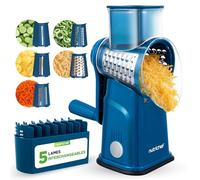 NutriChef Râpe à Fromage Rotative - 5 Lames Inox Légumes Julienne Mandoline | Acier 304+430, sans BPA, base ventouse antidérapante, tranchage éminçage, carottes courgettes concombres, conteneur rangement