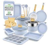 NutriChef Set 22 Pièces Cuisine et Pâtisserie - Marbre Gris Lunaire Antiadhésif, Ustensiles et Poêles Résistants à la Chaleur, Collection Pro