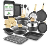 NutriChef Set Cuisine et Pâtisserie 22 Pièces Effet Marbre Noir - Batterie de Cuisine Antiadhésive Pro avec Ustensiles Résistants à la Chaleur
