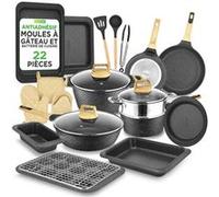 NutriChef Set Cuisine & Pâtisserie 22 Pièces Effet Marbre Noir - Batterie de Cuisine Antiadhésive Pro avec Ustensiles Résistants à la Chaleur Noir