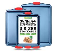 NutriChef Set de 3 Pièces à Pâtisserie Antiadhésives - Ustensiles de Pâtisserie en Acier au Carbone avec Revêtement Bleu à l’Intérieur et à l’Extérieur et Poignées en Silicone Rouge, Durable et Fiable