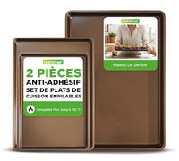 NutriChef Set de 3 Pièces Plaques de Cuisson Antiadhésives en Acier Carbone - 2 Plaques de Four et 1 Plateau de Service, Empilables, Compatible lave-vaisselle, jusqu’à 230°C, pour Cuire, Rôtir, Servir