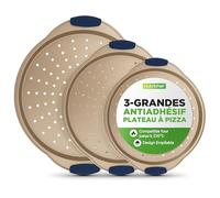 NutriChef Set de 3 Plaques à Pizza - Moules à Pizza Antiadhésif avec Poignée en Silicone avec Trous Perforés - Acier Carbone Durable - Tailles Petit, Moyen, Grand - Doré, Gold