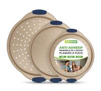 NutriChef Set de 3 Plaques à Pizza - Moules à Pizza Antiadhésif avec Poignée en Silicone avec Trous Perforés - Acier Carbone Durable - Tailles Petit, Moyen, Grand - Doré, Gold
