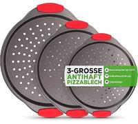 NutriChef Set de 3 Plaques à Pizza - Moules à Pizza Antiadhésif avec Poignée en Silicone avec Trous Perforés - Acier Carbone Durable - Tailles Petit, Moyen, Grand - Gris