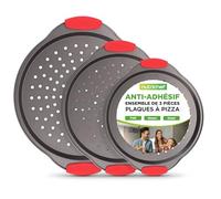 NutriChef Set de 3 Plaques à Pizza - Moules à Pizza Antiadhésif avec Poignée en Silicone avec Trous Perforés - Acier Carbone Durable - Tailles Petit, Moyen, Grand - Gris