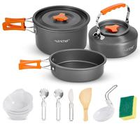 NutriChef Set de Casseroles de Camping - Pots, Poêles, Ustensiles, Bols, Couverts et Outils de Nettoyage Légers et Antiadhésifs avec Sac en Maille, Poignées Pliables, Équipement de Cuisine Compact