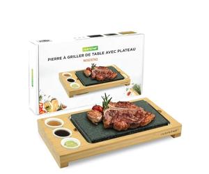 NutriChef Set de Cuisine Pierre Chaude - Grill de Table Granit avec Plateau Bambou 1 pièce Cuisson sans huile pour Viande Poisson Végétarien Intérieur Extérieur, Céramique Noire