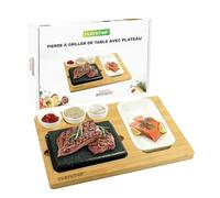 NutriChef Set de Cuisson Pierre Chaude - Pierre en Granit avec Plateau Bambou, Bols en Céramique, Base Inox pour Grill de Table Intérieur et Extérieur