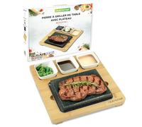 NutriChef Sizzle Hot Stone Set de Cuisine - Grill de Table en Granit avec Plateau en Bambou, Bols en Céramique pour Sauce & Plateau en Acier Inoxydable - Grill Intérieur/Extérieur pour Viande,