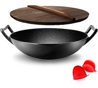 NutriChef Wok en Fonte-Pré-assaisonnée de 5,5 L - Poêle - Couvercle en Bois - Compatible avec Plaques de Cuisson Électriques et Induction - Grande Taille, Black