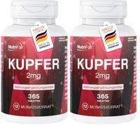 Nutrifair Cuivre 2 mg, 365 comprimés, Bisglycinate de cuivre, Dosage élevé, 100% Vegan, fabrication et tests en laboratoire en Allemagne, Premium et équitable (Lot de 2)